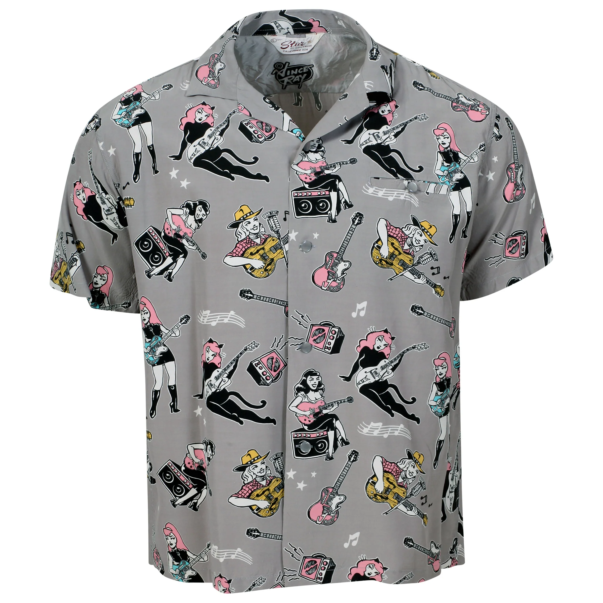 Girls N Guitars Print SH38375 Rayon Made Grey Hawaiian Shirt SoH11080