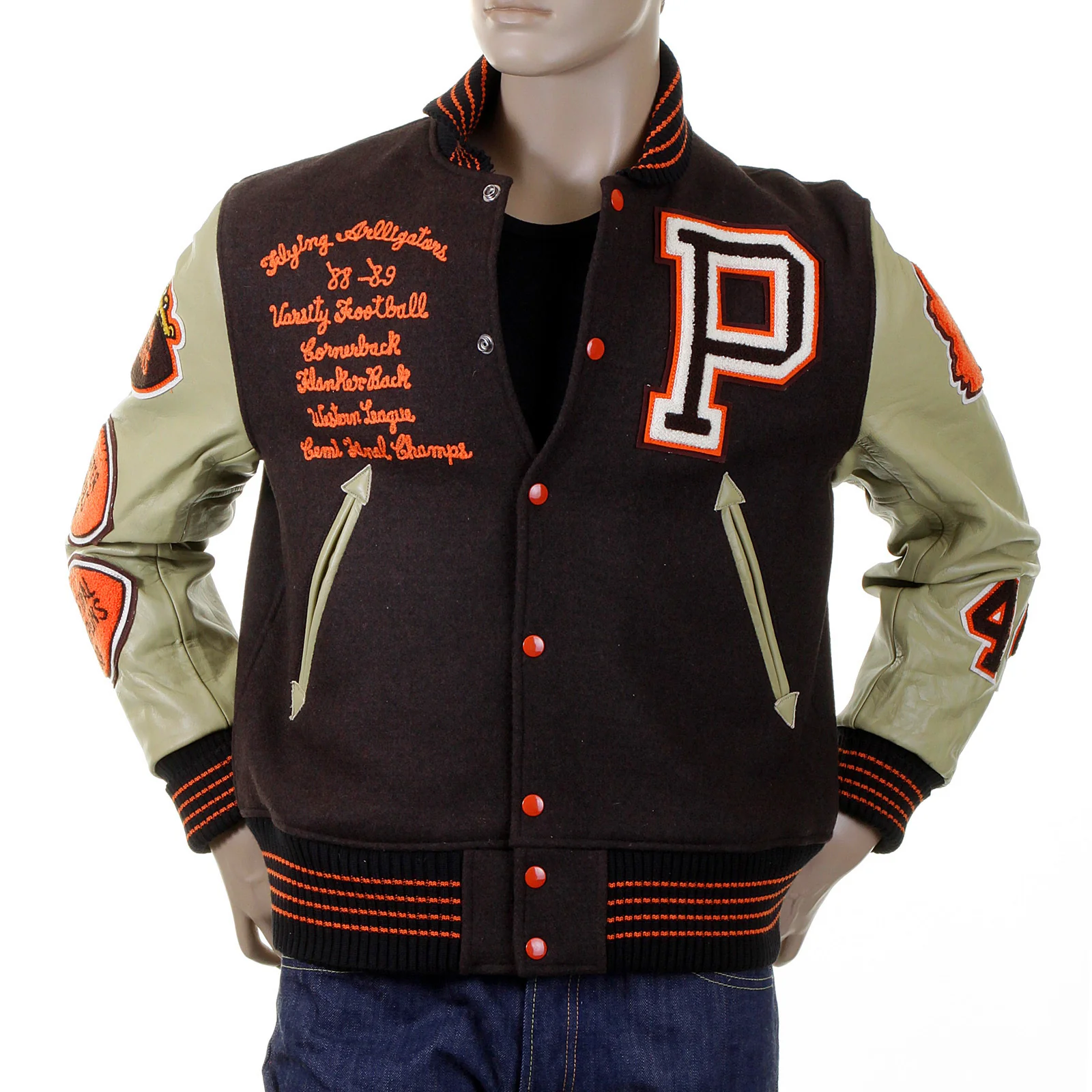 Sugarcane Mens Letterman WV12077 Melton Wool Brown and Dark Cream Flying Alligators stadium Jacket CANE2101A