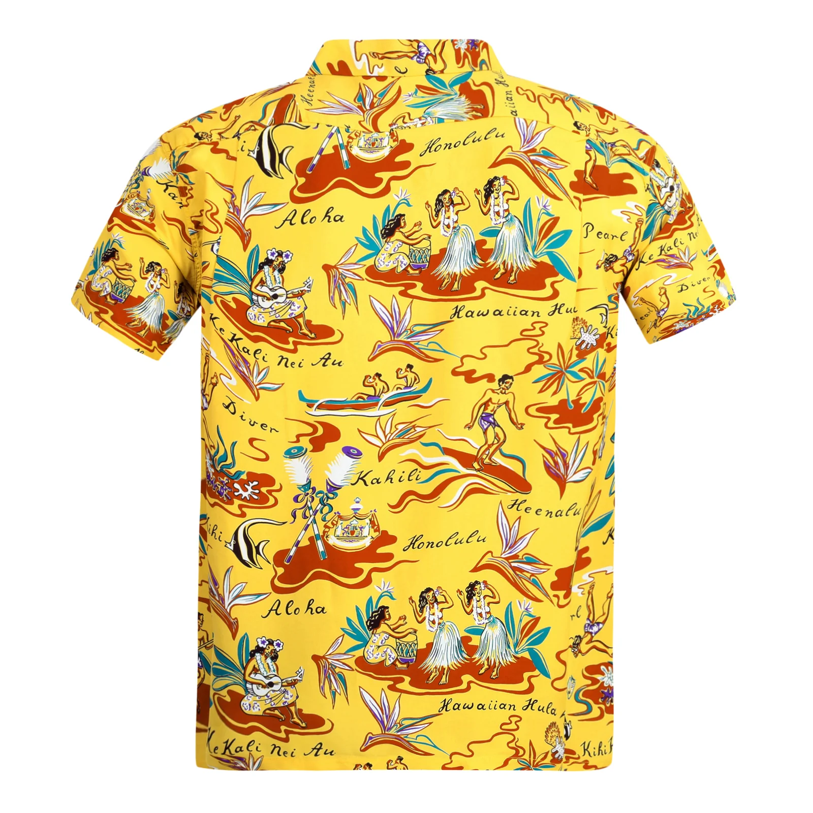 Mens Hawaiian Hula Print SS37771 Yellow Rayon Hawaiian Shirt SURF8587 - Image 2