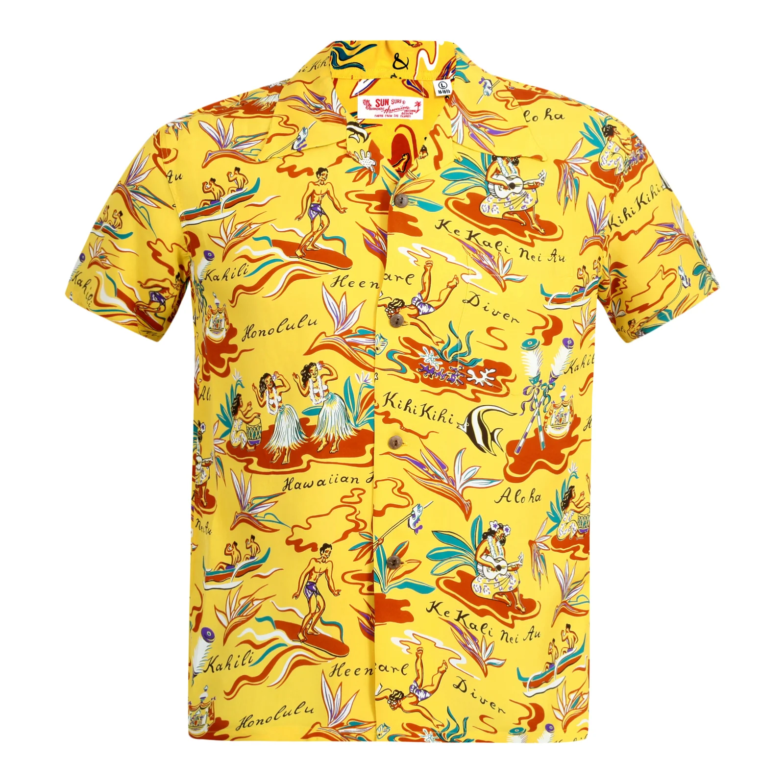 Mens Hawaiian Hula Print SS37771 Yellow Rayon Hawaiian Shirt SURF8587 - Image 3