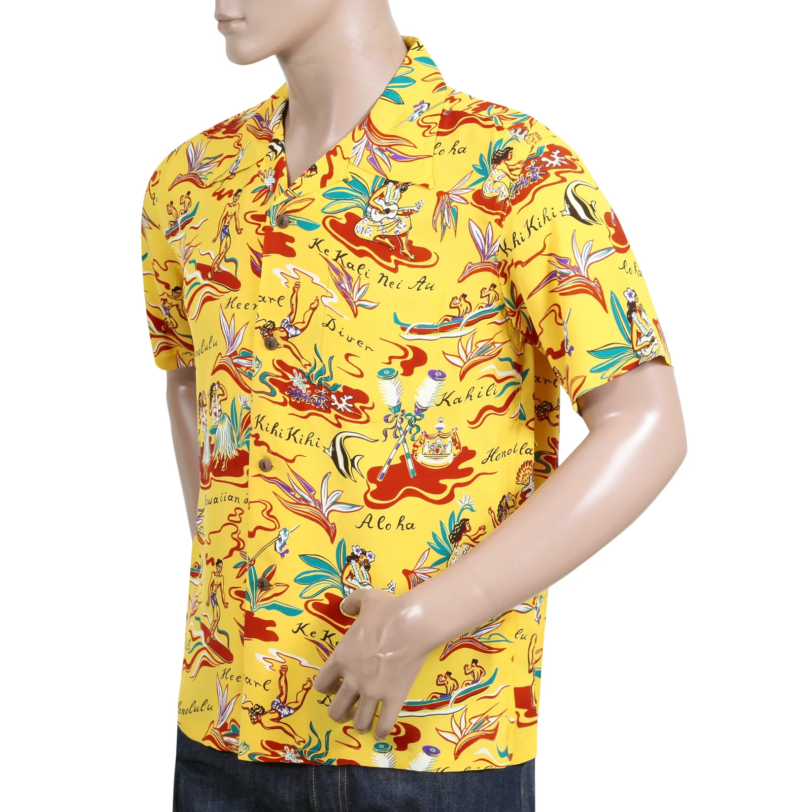 Mens Hawaiian Hula Print SS37771 Yellow Rayon Hawaiian Shirt SURF8587 - Image 6