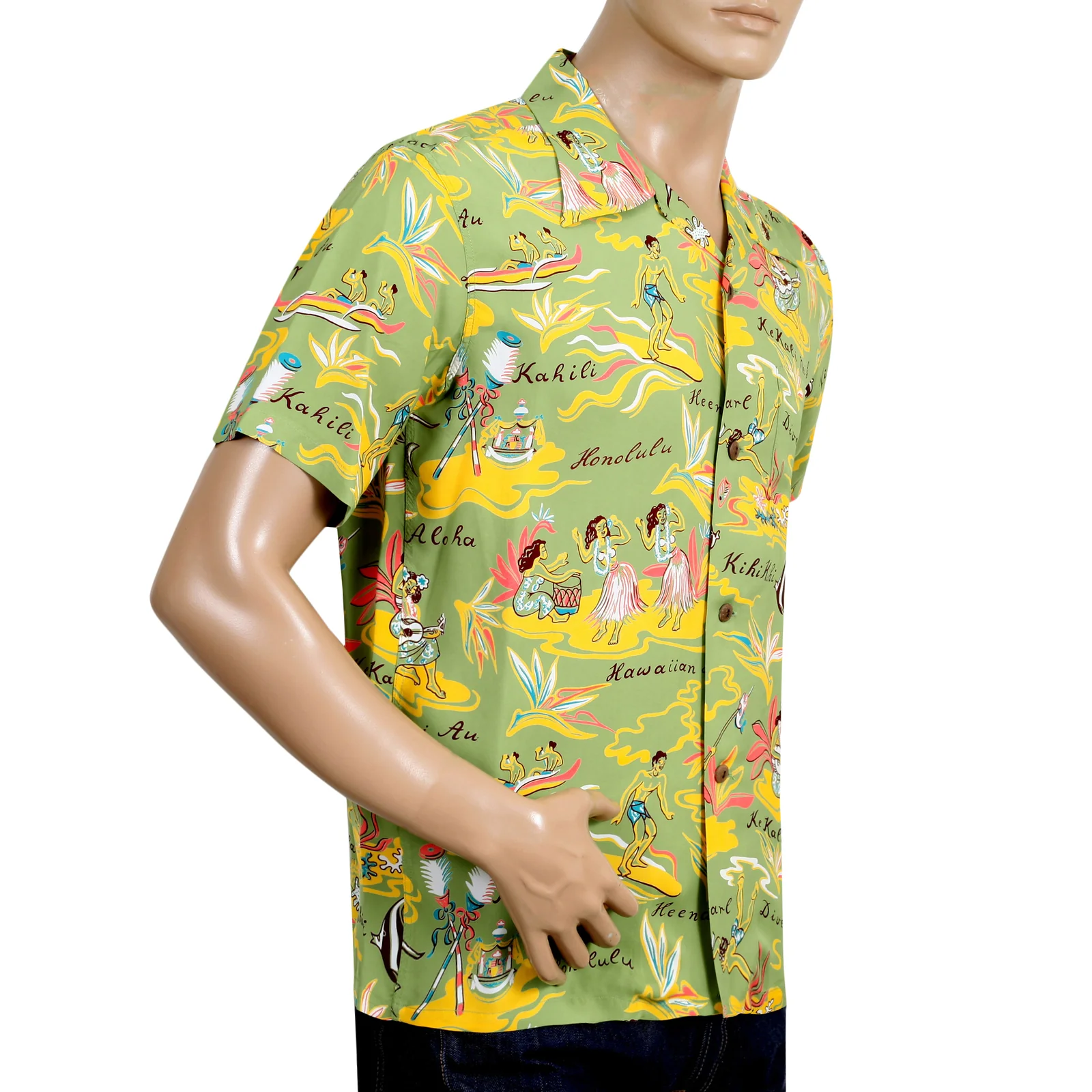 Mens Hawaiian Hula Print SS37771 Green Rayon Hawaiian Shirt SURF8586 - Image 7