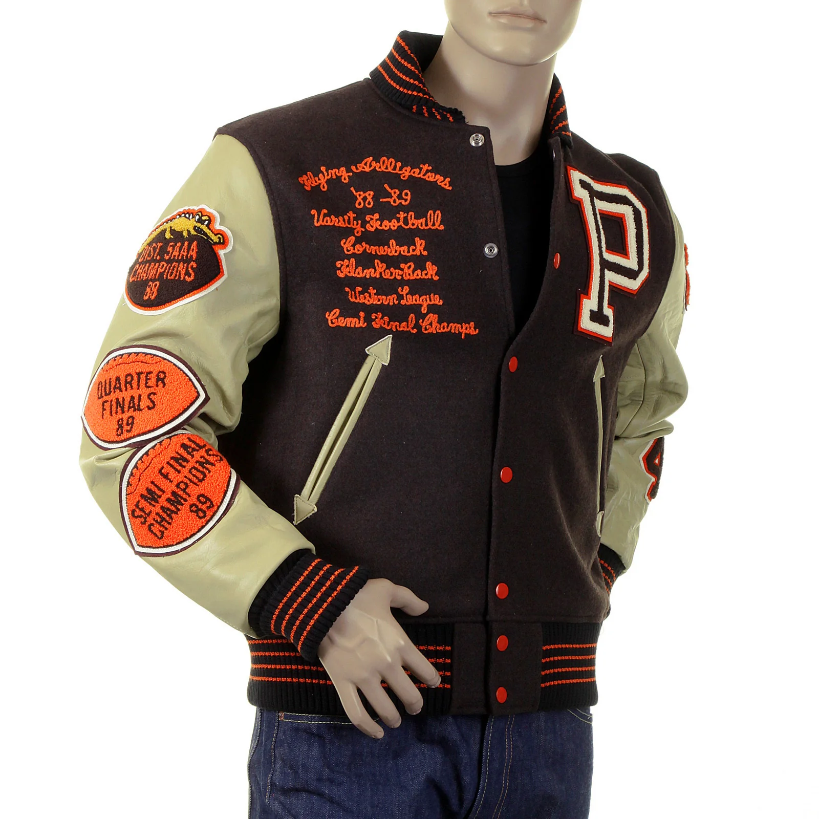 Whitesville Brown Wool Body Dark Cream Leather Sleeve WV12077 Regular Fit Flying Alligators Stadium Jacket CANE2101 - Image 4