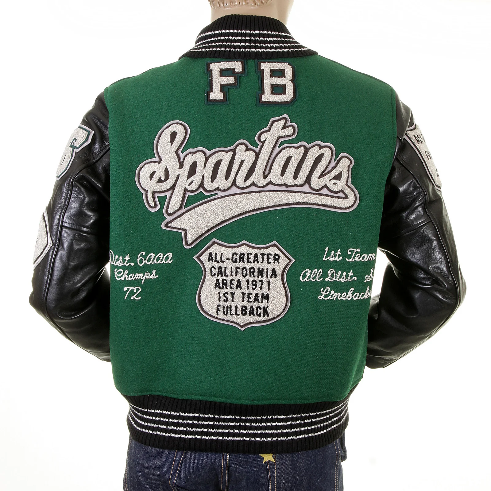 Green and Black Leather Sleeve WV12310 Award Spartans Jacket WHIT1092