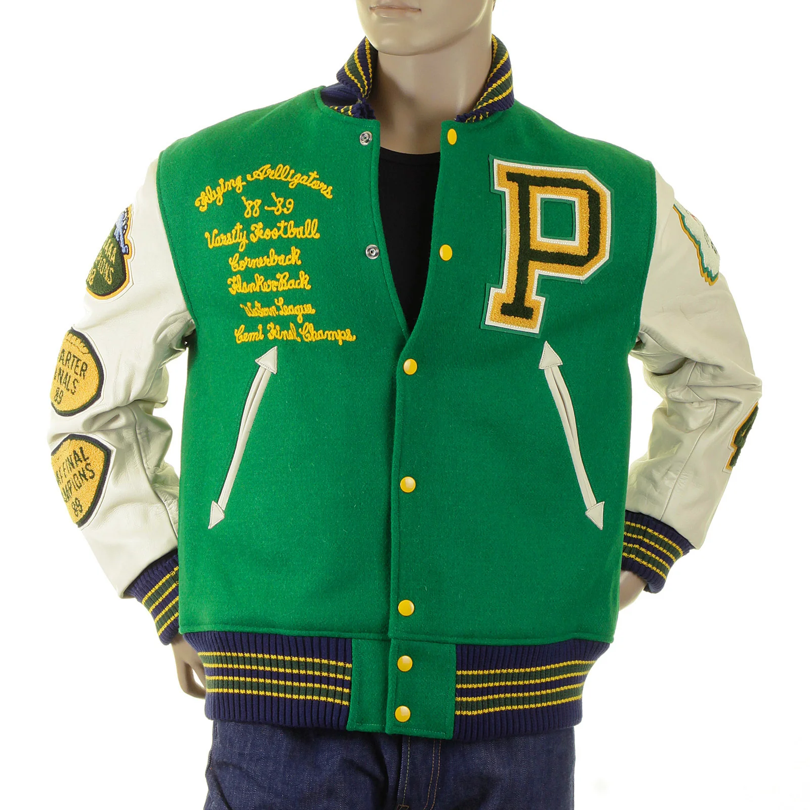 Whitesville Regular Fit WV12077 Kelly Green Melton Wool Flying Aliigators Stadium Jacket with White Leather Sleeves CANE2102 - Image 3