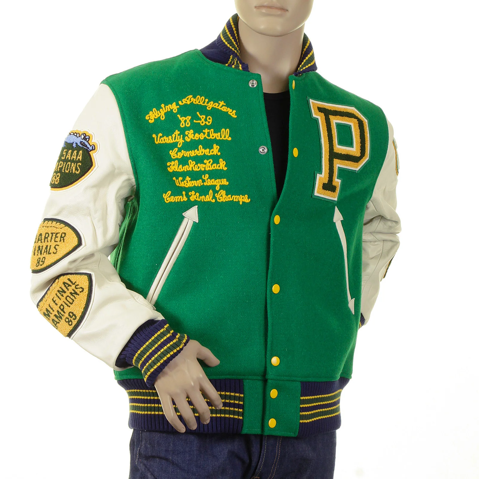 Whitesville Regular Fit WV12077 Kelly Green Melton Wool Flying Aliigators Stadium Jacket with White Leather Sleeves CANE2102 - Image 4